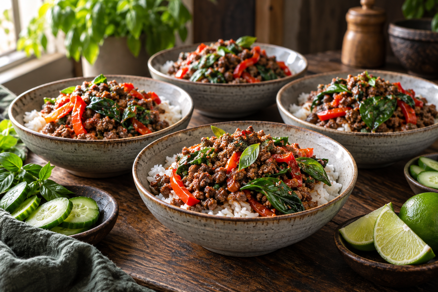 Thai Basil Beef Rice Bowls