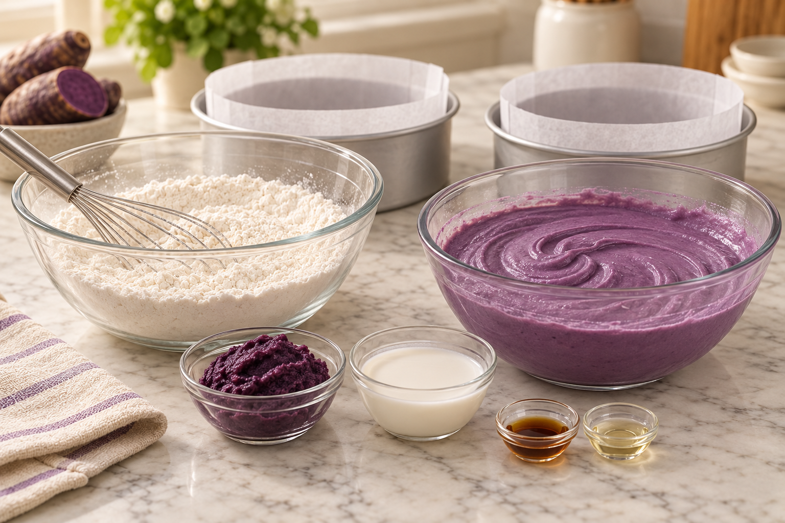 Preparing dry ingredients and ube mixture for Ube Halaya Cake