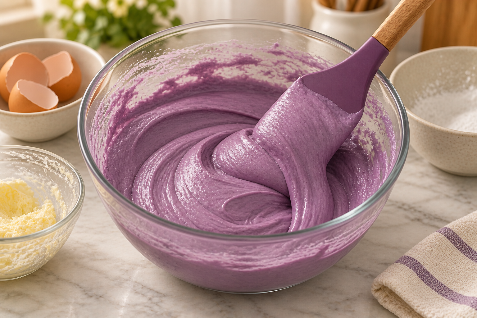 Mixing smooth purple ube cake batter