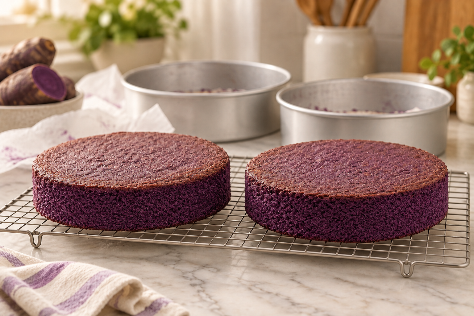 Freshly baked ube cake layers